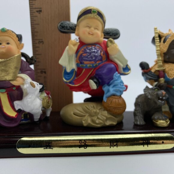 Five Prosperity God Miniture Figurines With Wooden Stand, Vintage, Handpainted - Picture 9 of 11